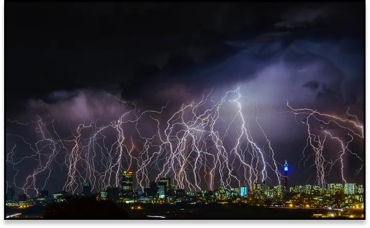 Lightning rages over a city